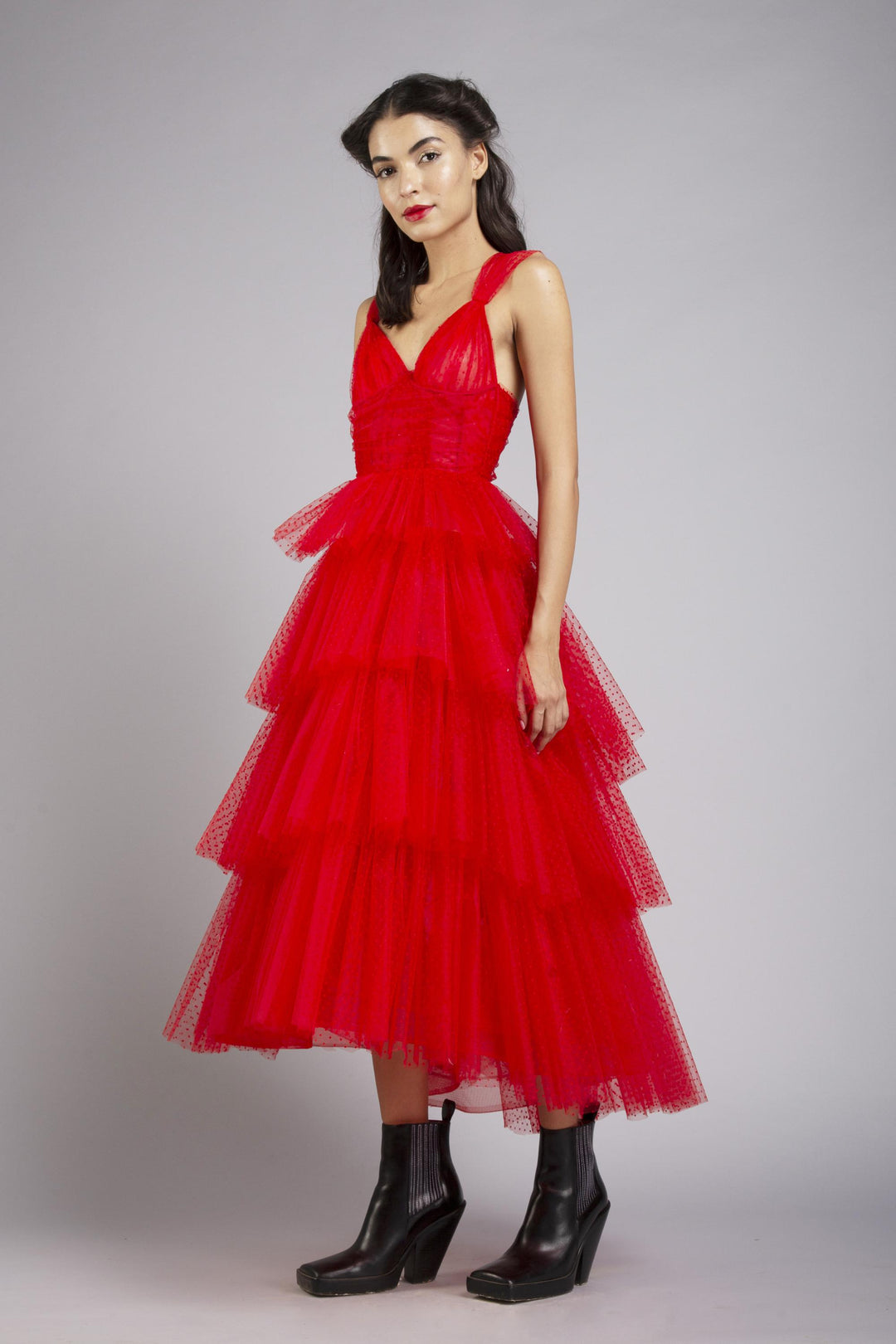 Corsetted high low tiered midi dress