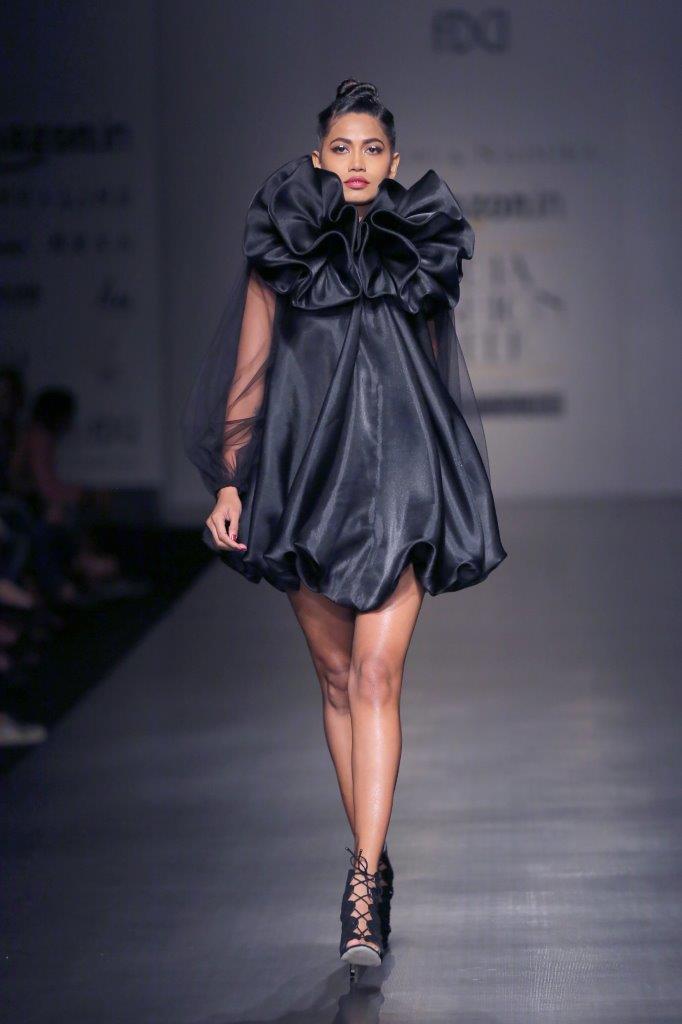 Trapeze balloon dress with sheer balloon sleeves with flowers at neck –  Gauri and Nainika