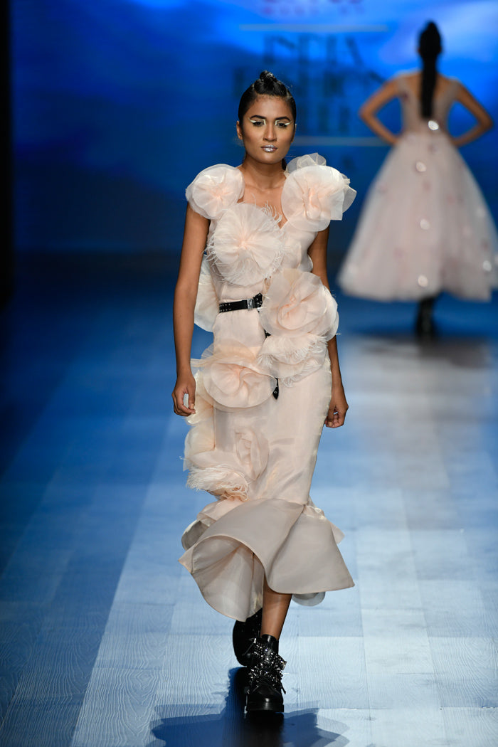 V neck pencil dress with ruffled hem and organza flowers Gauri and Nainika V neck pencil dress with ruffled hem and organza flowers Gauri and Nainika