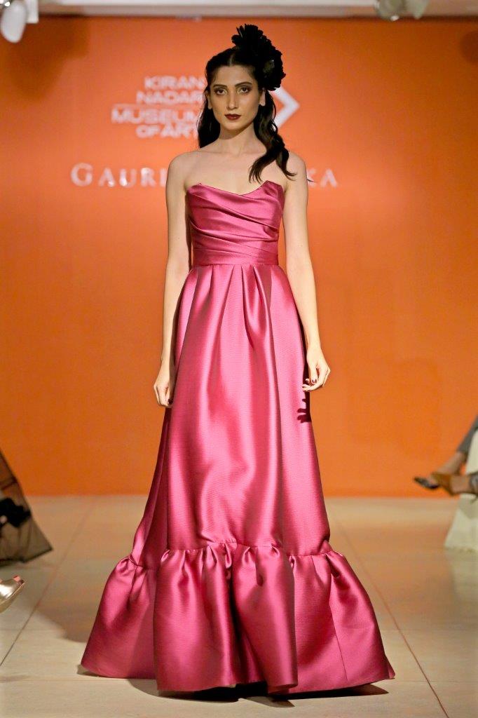 Draped corset gown with flared skirt & tiered hem
