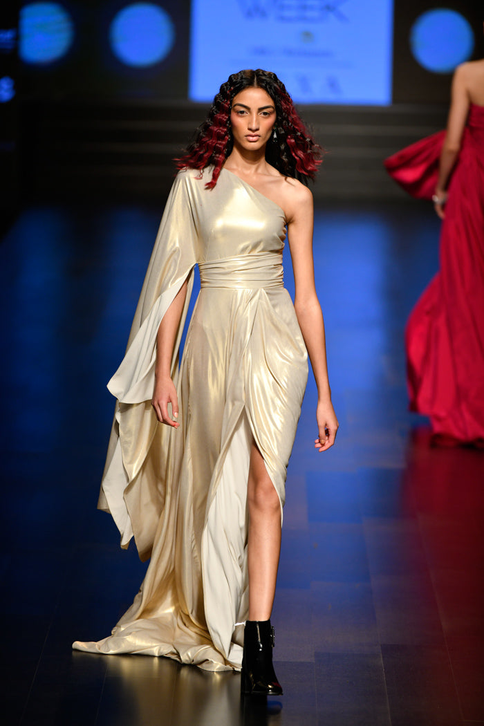 One shoulder cape sleeve dress with thigh high slit on front Gauri and Nainika One shoulder cape sleeve dress with thigh high slit on front Gauri and Nainika