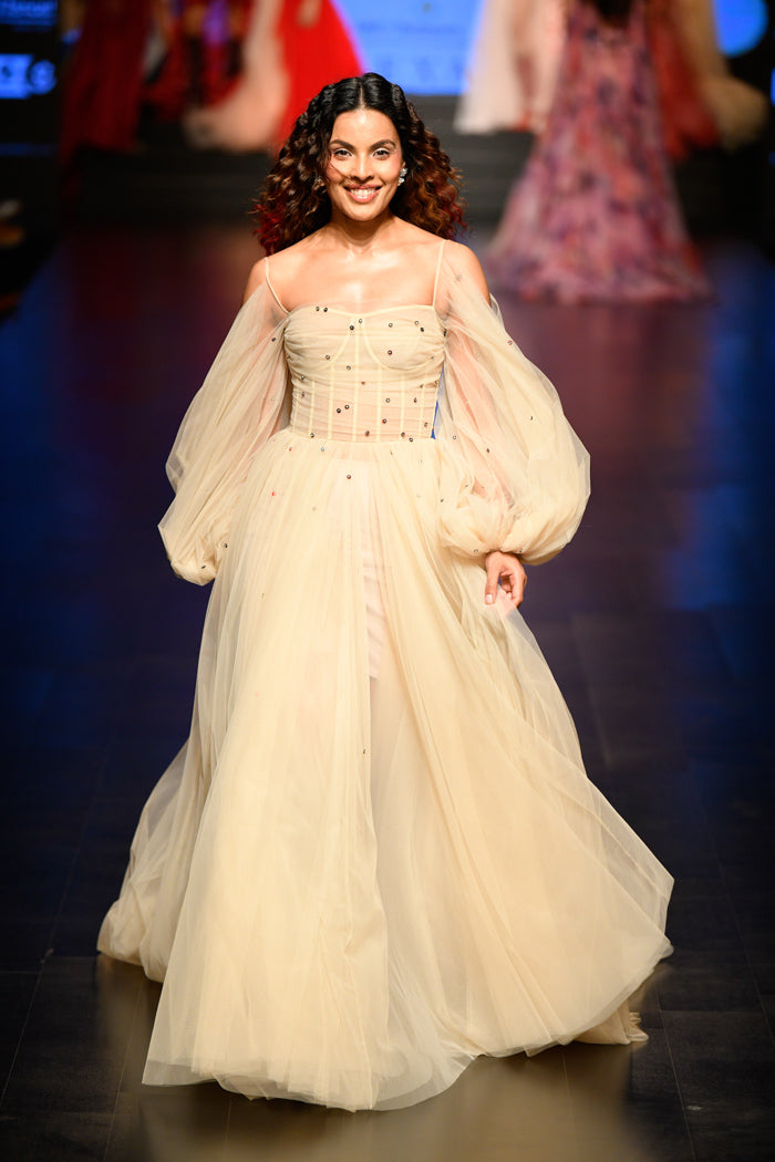 Draped corset gown with flared peasant sleeves Gauri and Nainika Draped corset gown with flared peasant sleeves Gauri and Nainika