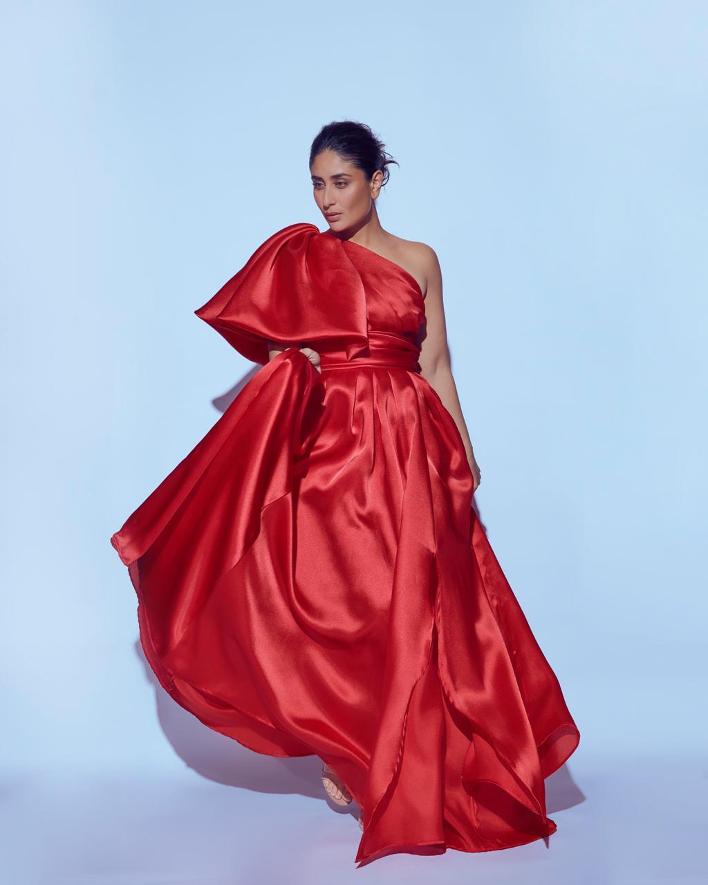 One shoulder dramatic bubble sleeves flared gown with waistband