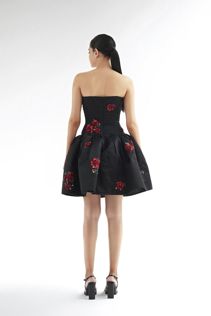 Corseted drop waist dress with puff Hem and rose embroidery