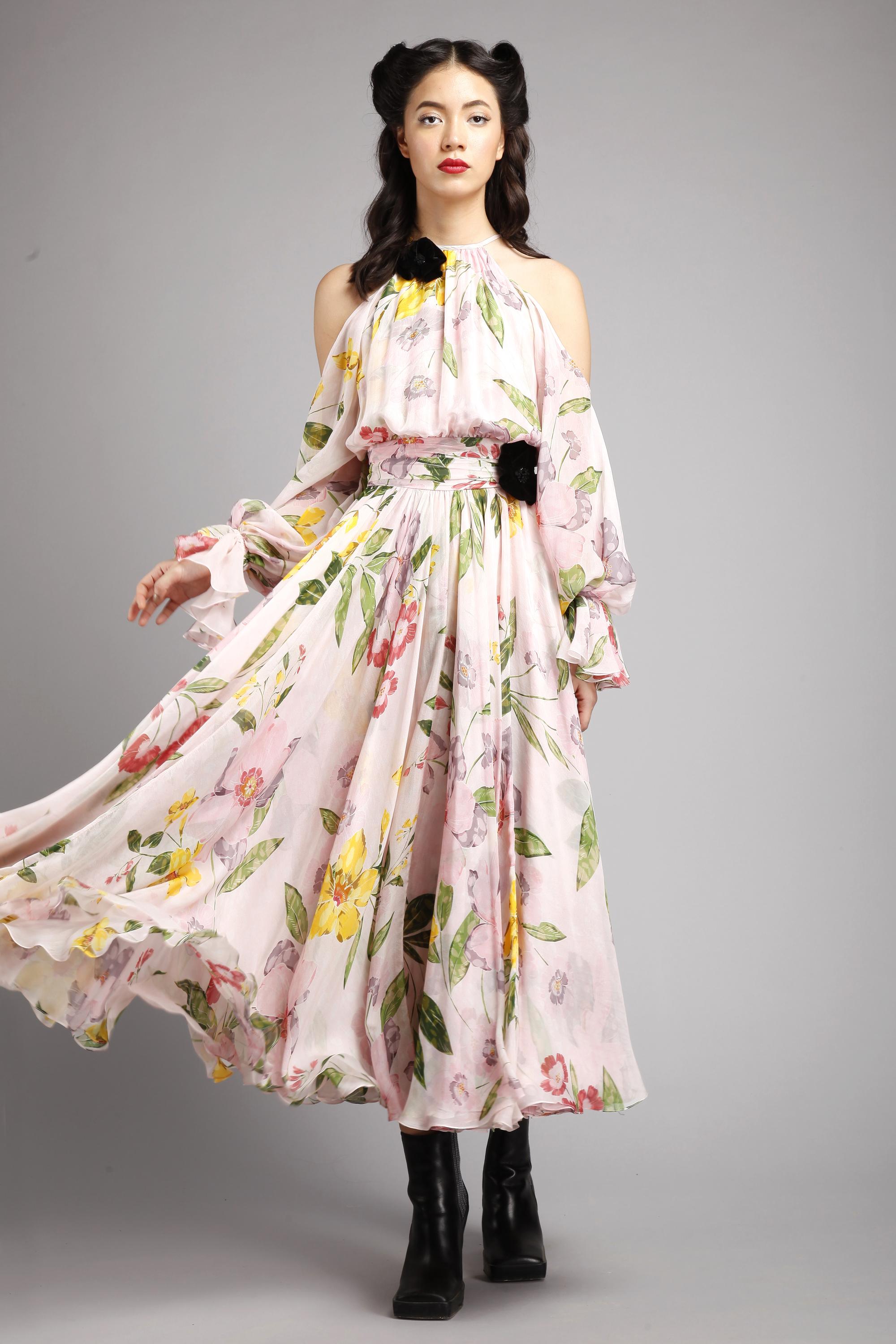 Halter neck cold shoulder pouf sleeves tea length dress Gauri and Nainika Halter neck cold shoulder pouf sleeves tea length dress Gauri and Nainika