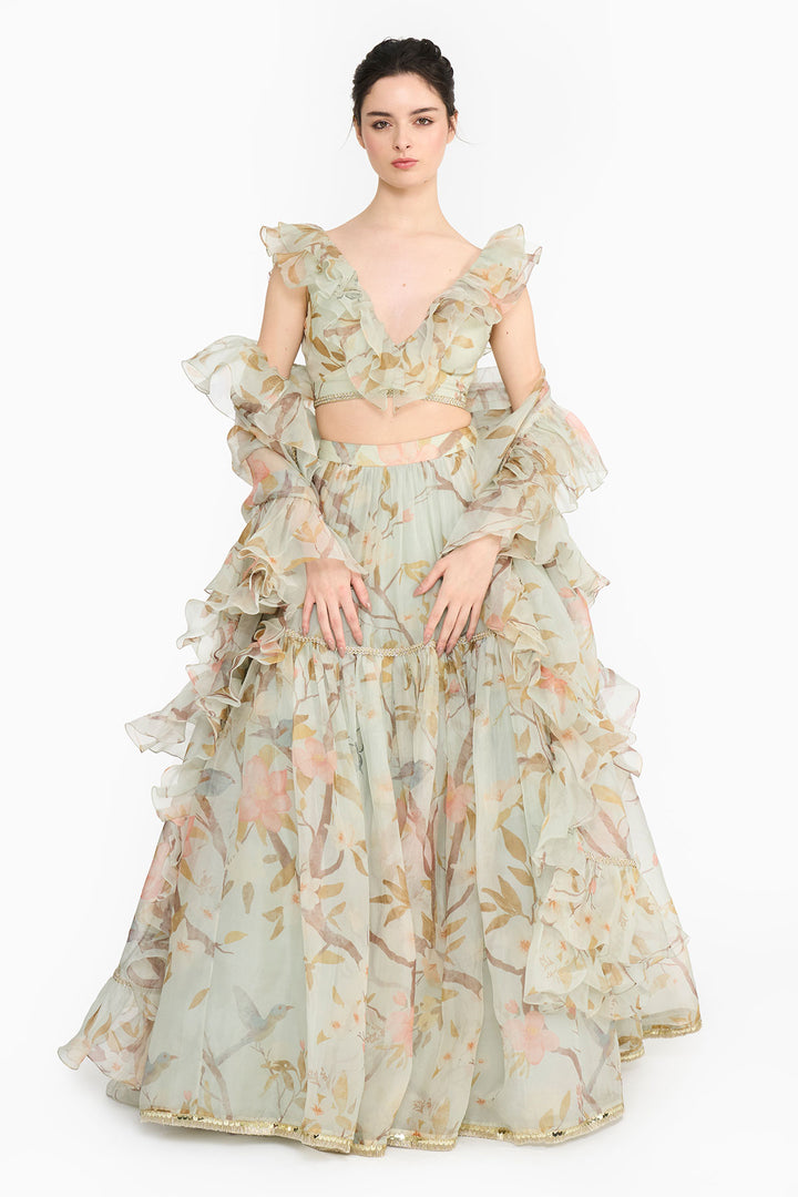 Light Teal Chinoiserie Lehenga