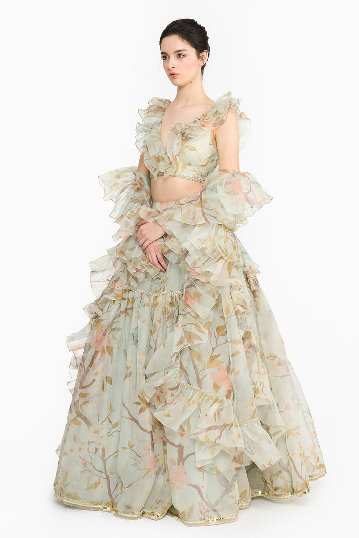 Light Teal Chinoiserie Lehenga