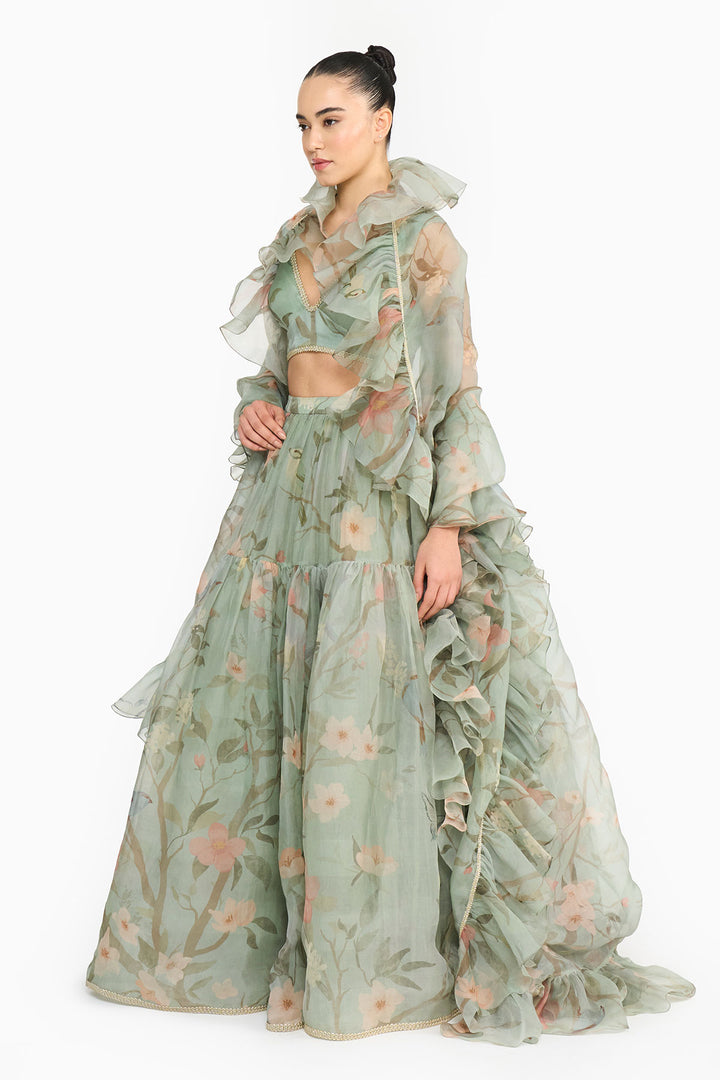 Dark Teal Chinoiserie Ruffled Lehenga