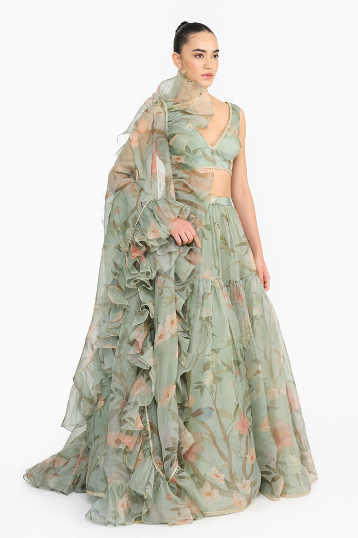 Dark Teal Chinoiserie Ruffled Lehenga