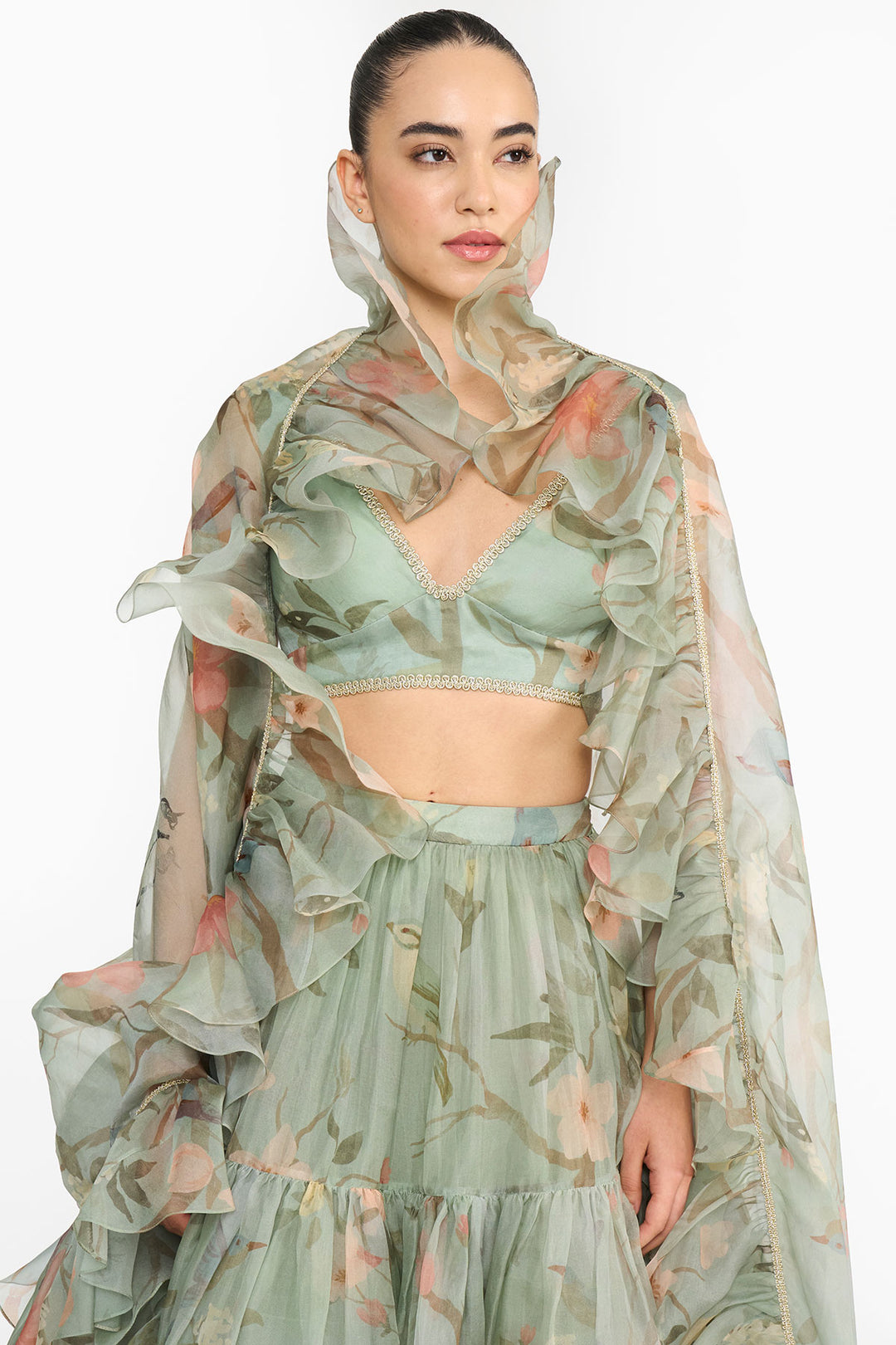 Dark Teal Chinoiserie Ruffled Lehenga