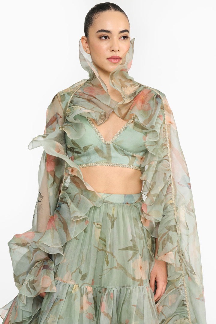 Dark Teal Chinoiserie Ruffled Lehenga