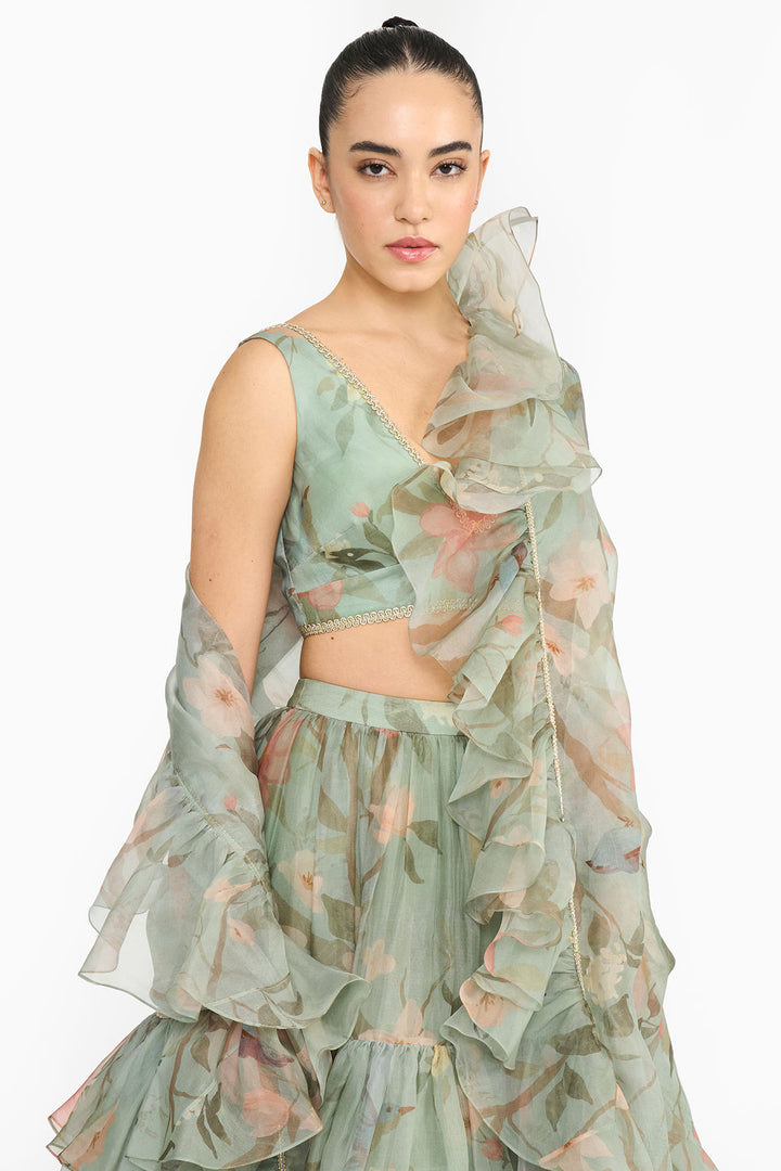 Dark Teal Chinoiserie Ruffled Lehenga