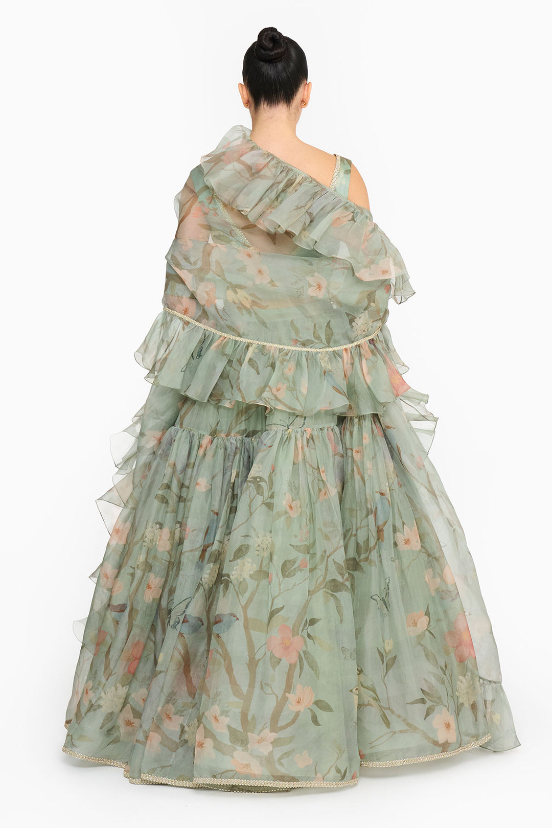 Dark Teal Chinoiserie Ruffled Lehenga