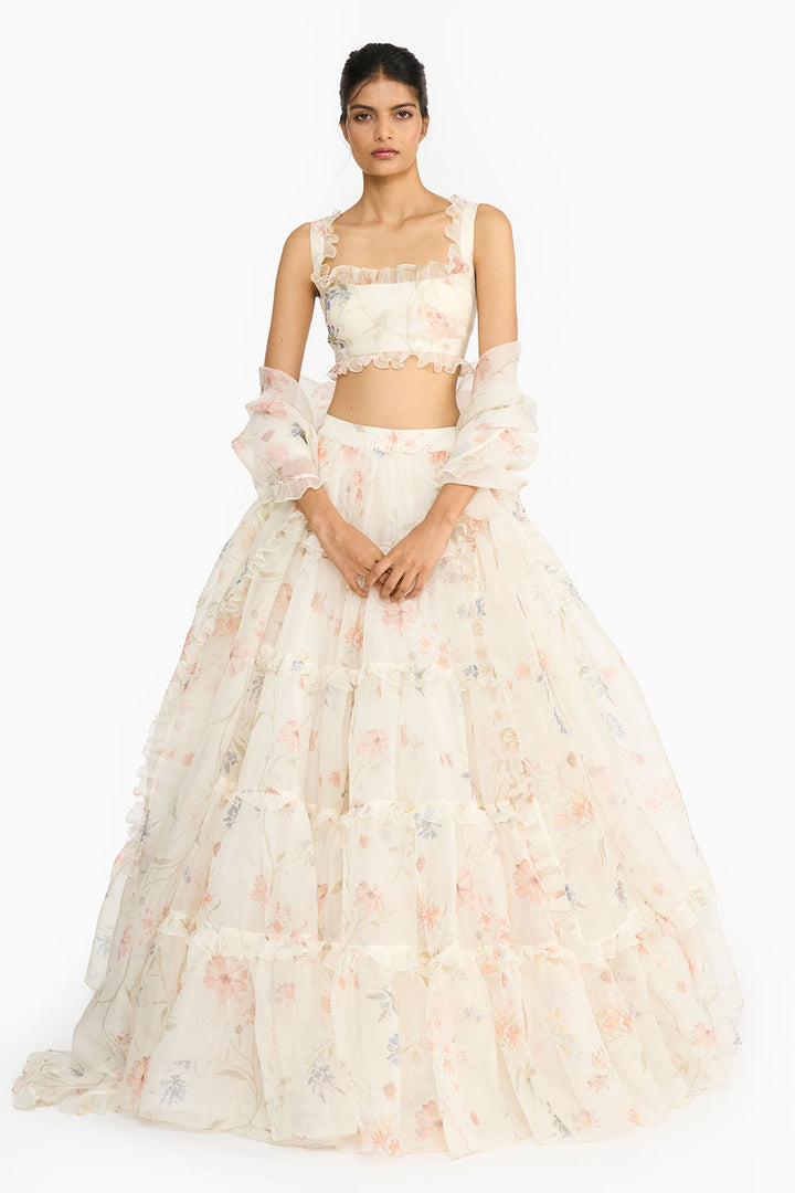 Blue And Peach Wildflower Lehenga