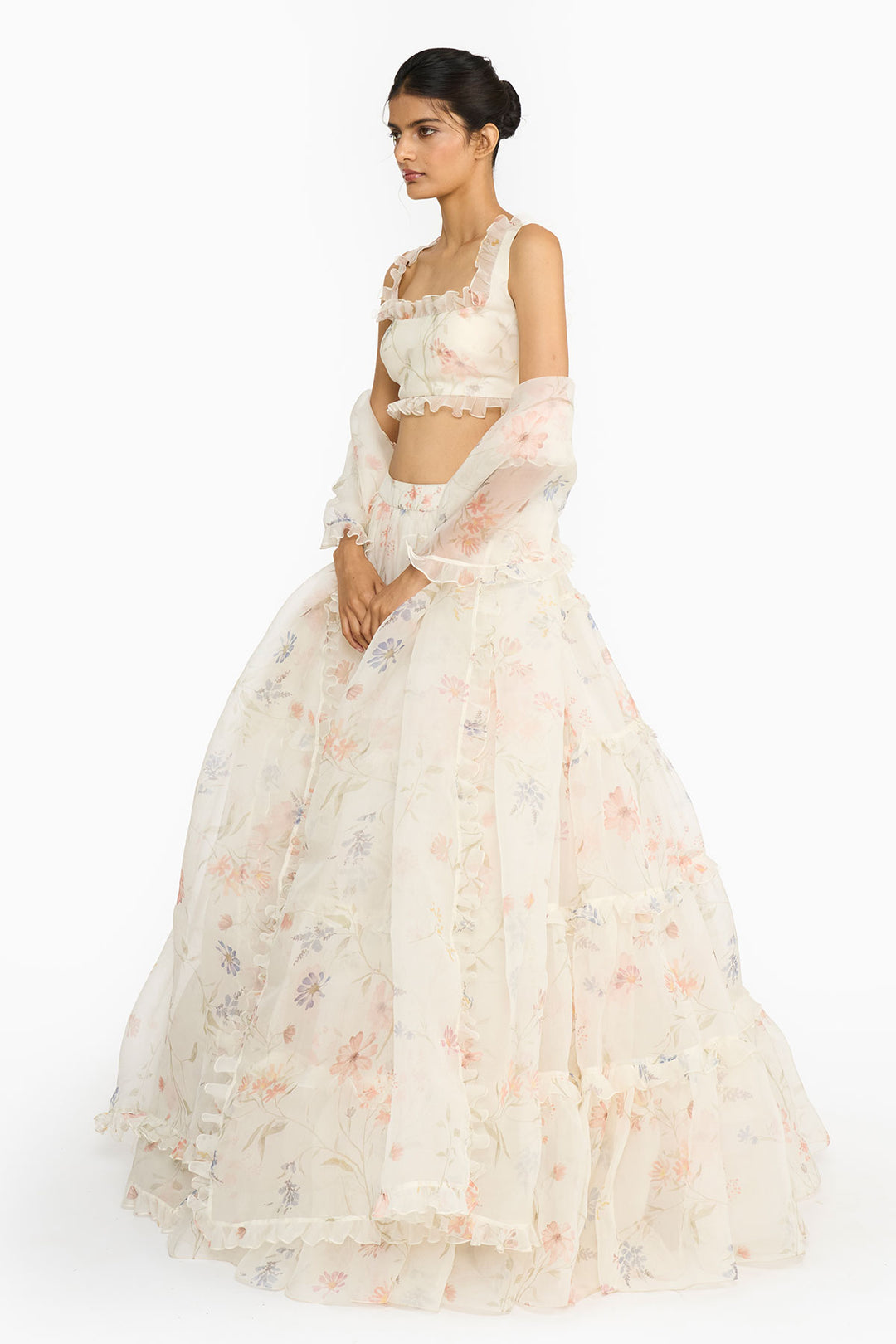 Blue And Peach Wildflower Lehenga