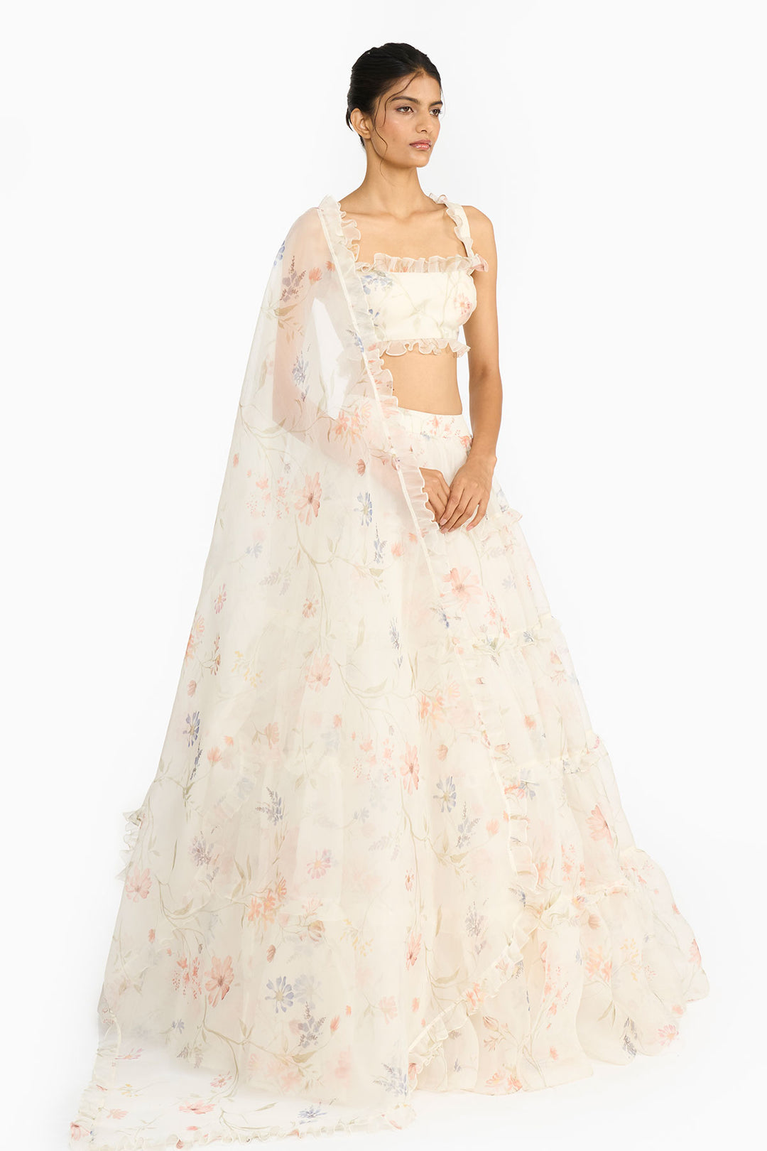 Blue And Peach Wildflower Lehenga