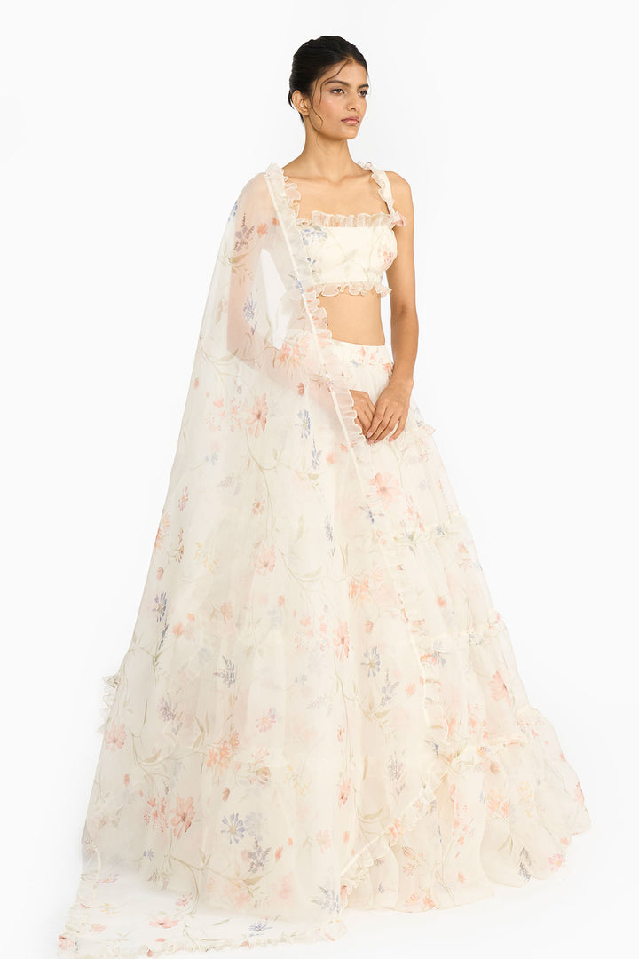 Blue And Peach Wildflower Lehenga