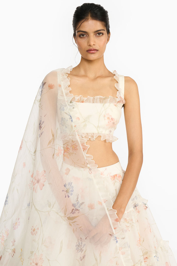 Blue And Peach Wildflower Lehenga