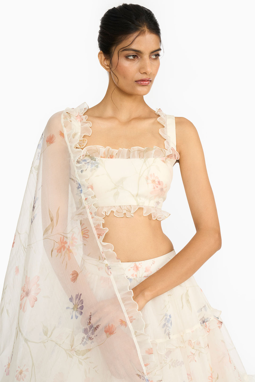 Blue And Peach Wildflower Lehenga