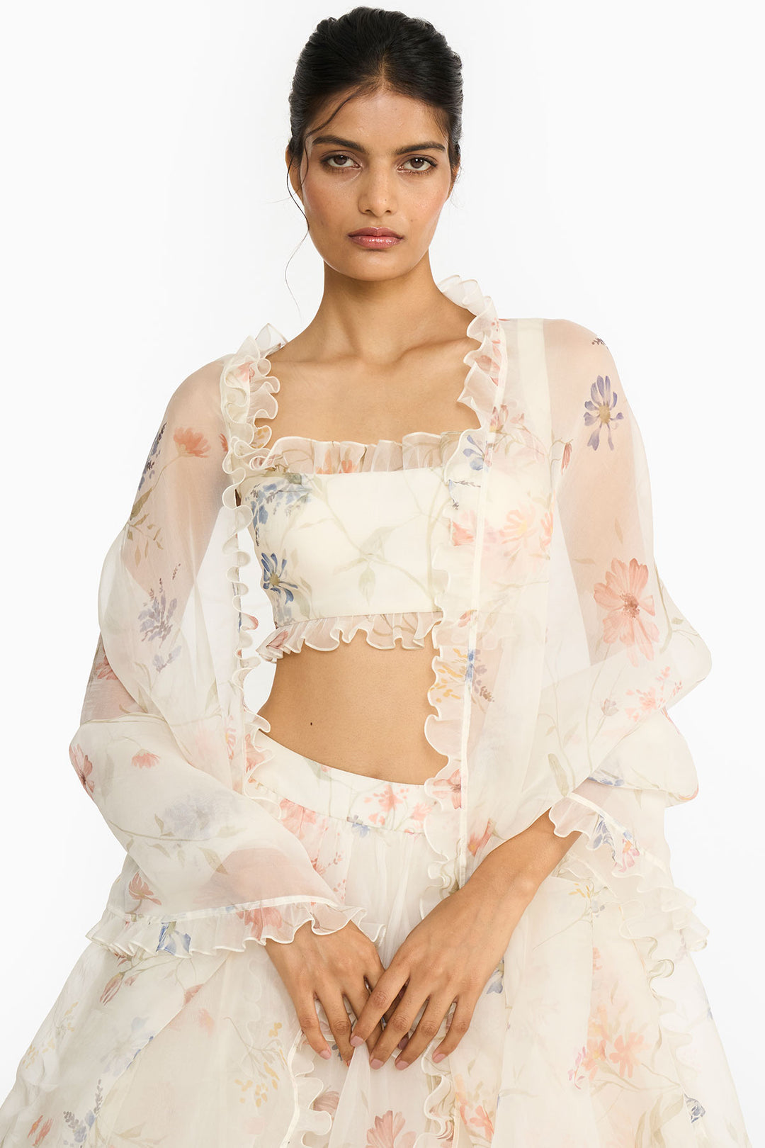 Blue And Peach Wildflower Lehenga