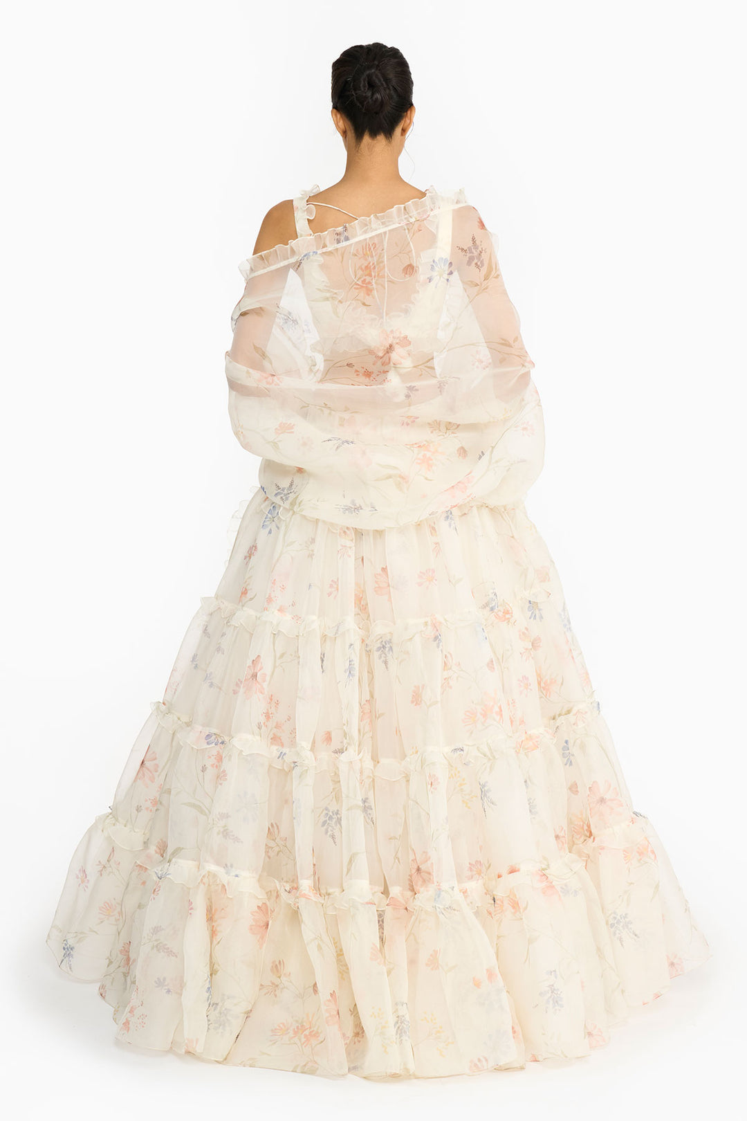 Blue And Peach Wildflower Lehenga