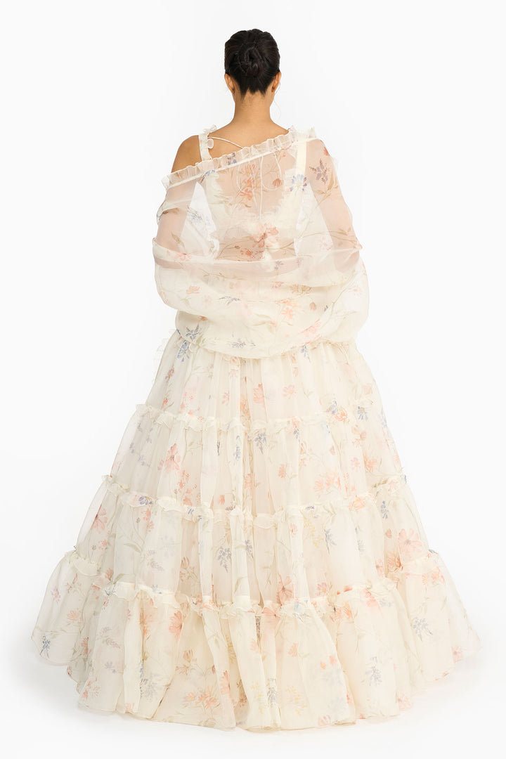 Blue And Peach Wildflower Lehenga