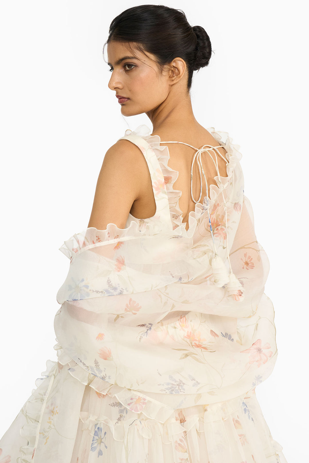 Blue And Peach Wildflower Lehenga