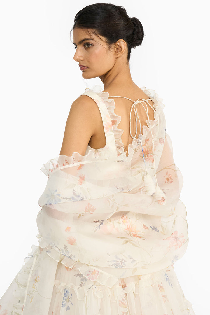 Blue And Peach Wildflower Lehenga