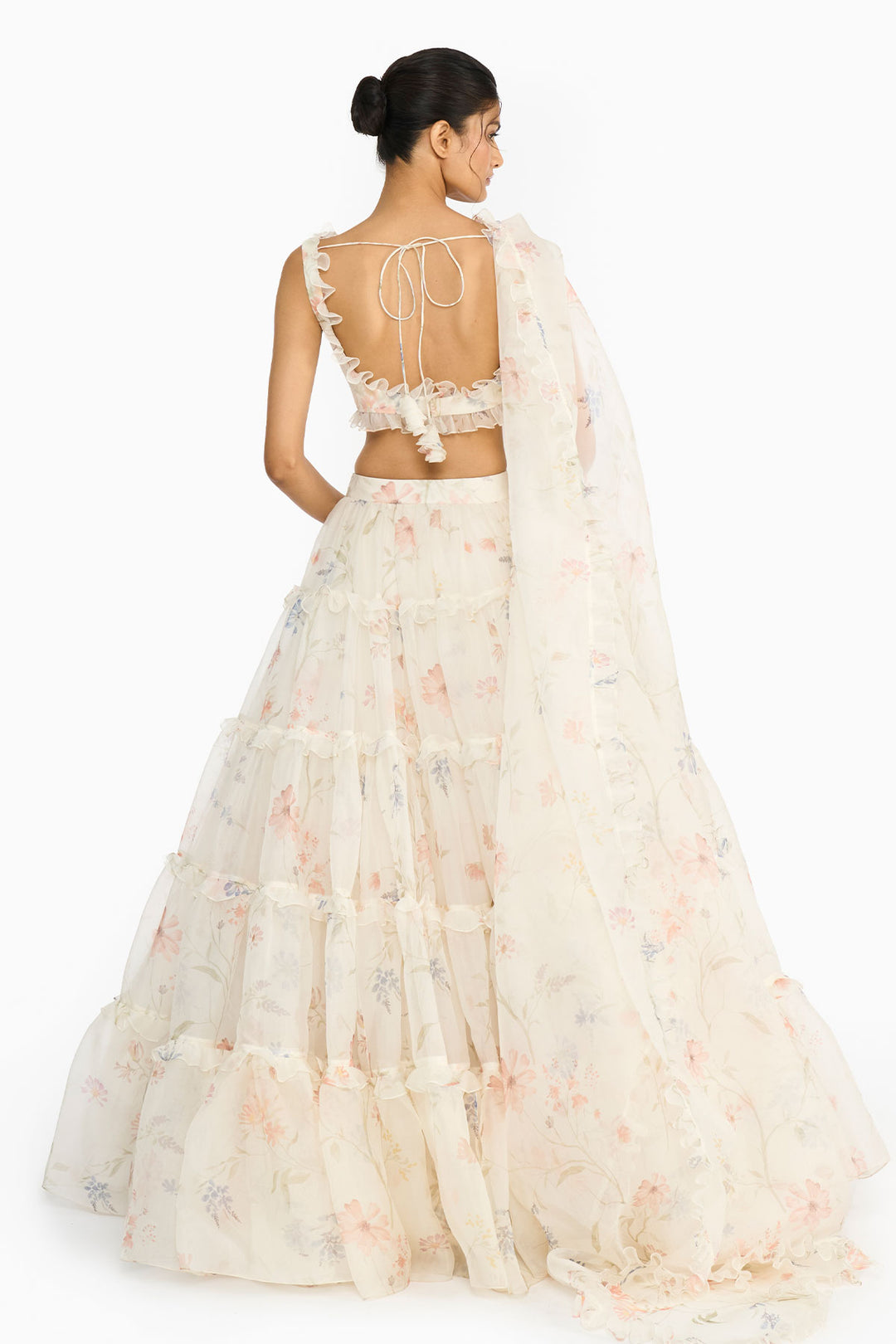 Blue And Peach Wildflower Lehenga