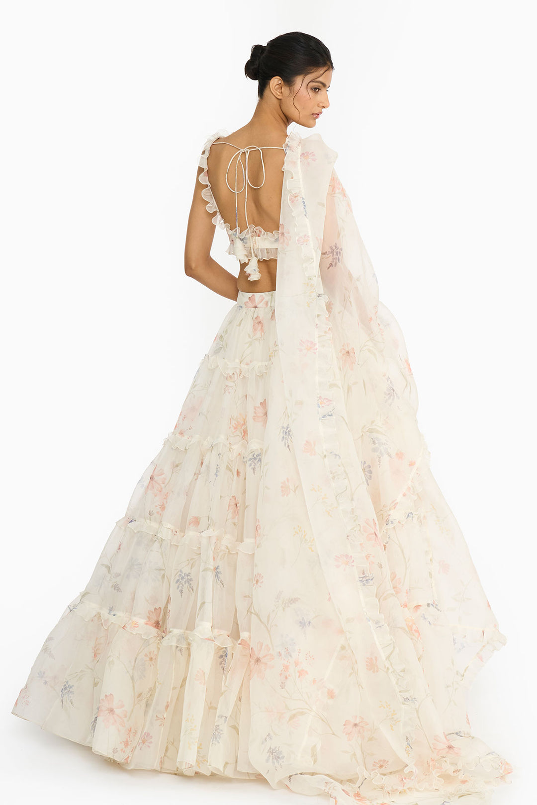 Blue And Peach Wildflower Lehenga