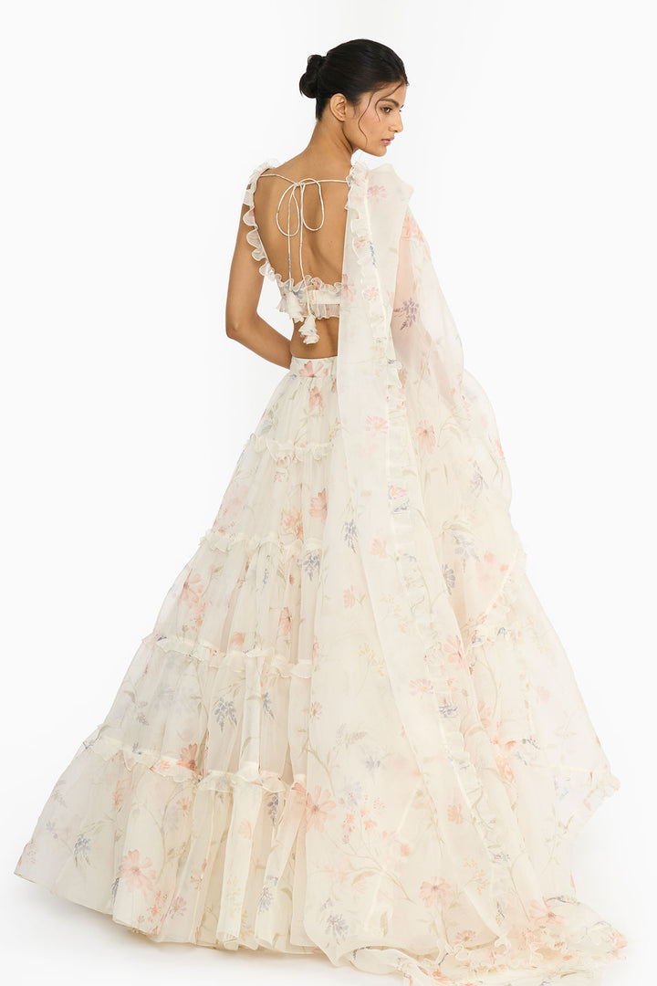 Blue And Peach Wildflower Lehenga