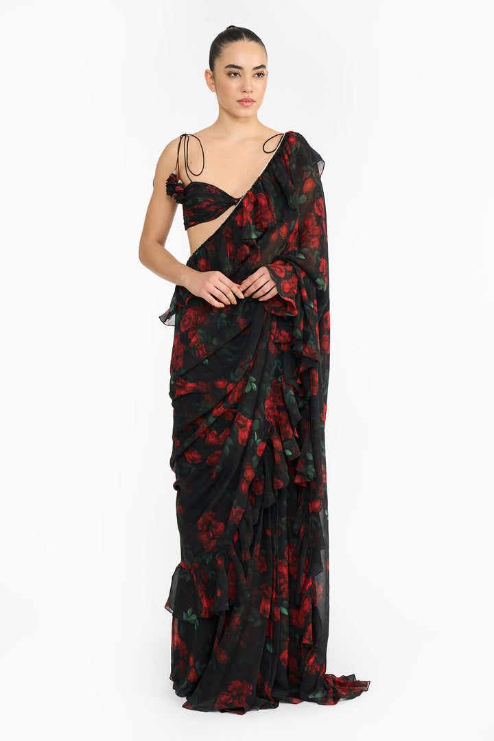 Red Rose Creeper Ruffled Saree