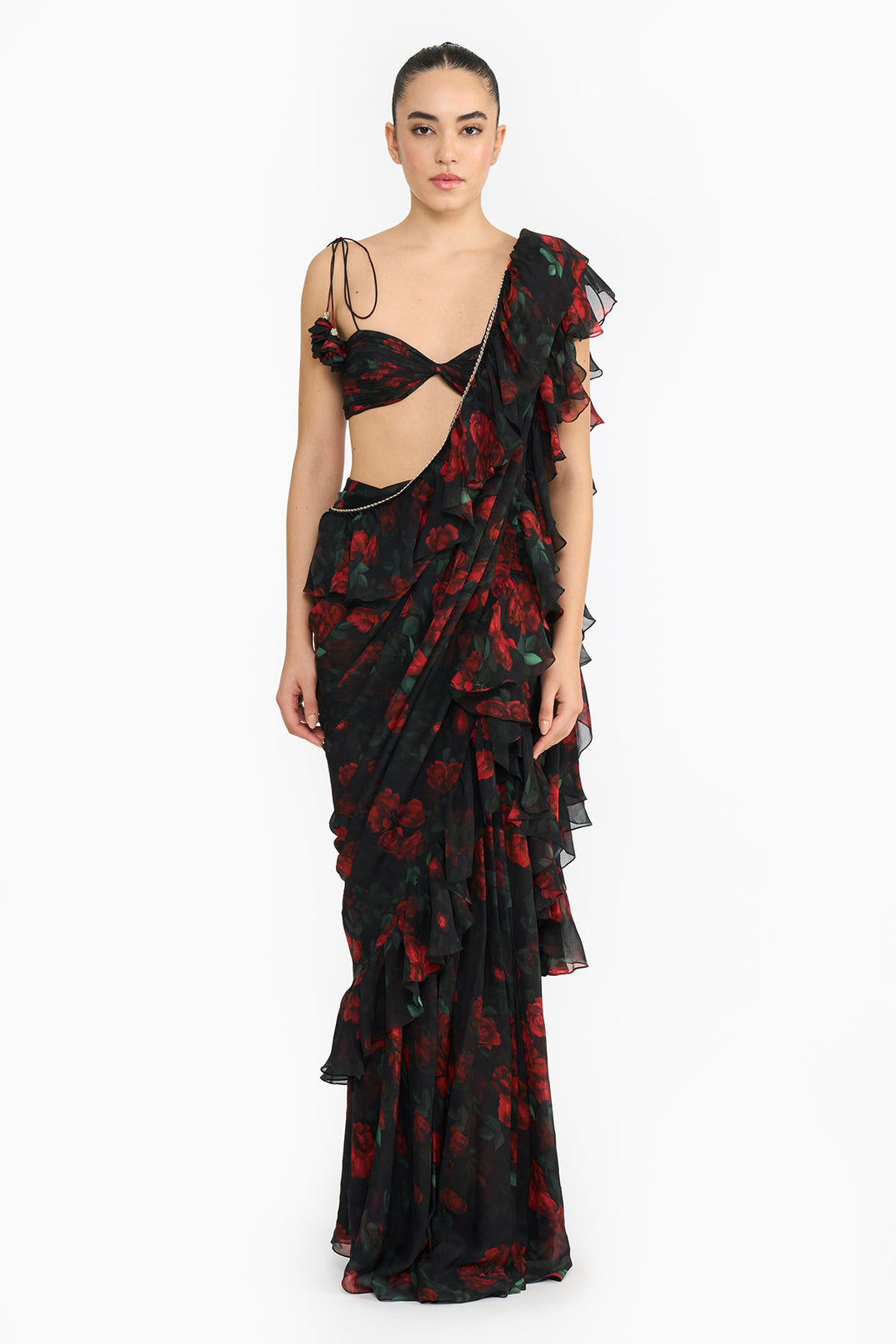 Red Rose Creeper Ruffled Saree