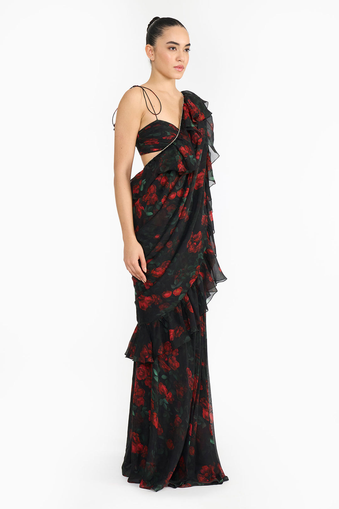 Red Rose Creeper Ruffled Saree