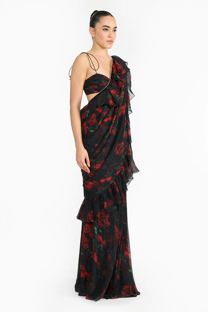 Red Rose Creeper Ruffled Saree