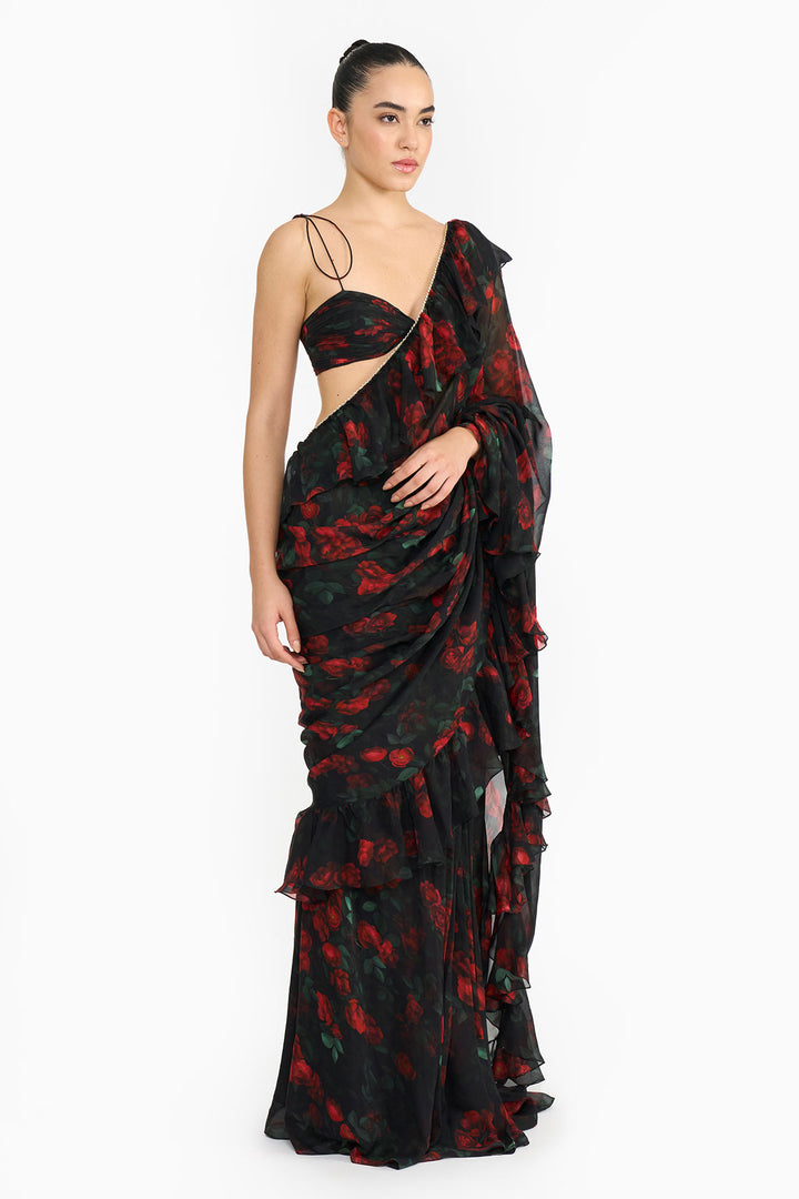 Red Rose Creeper Ruffled Saree