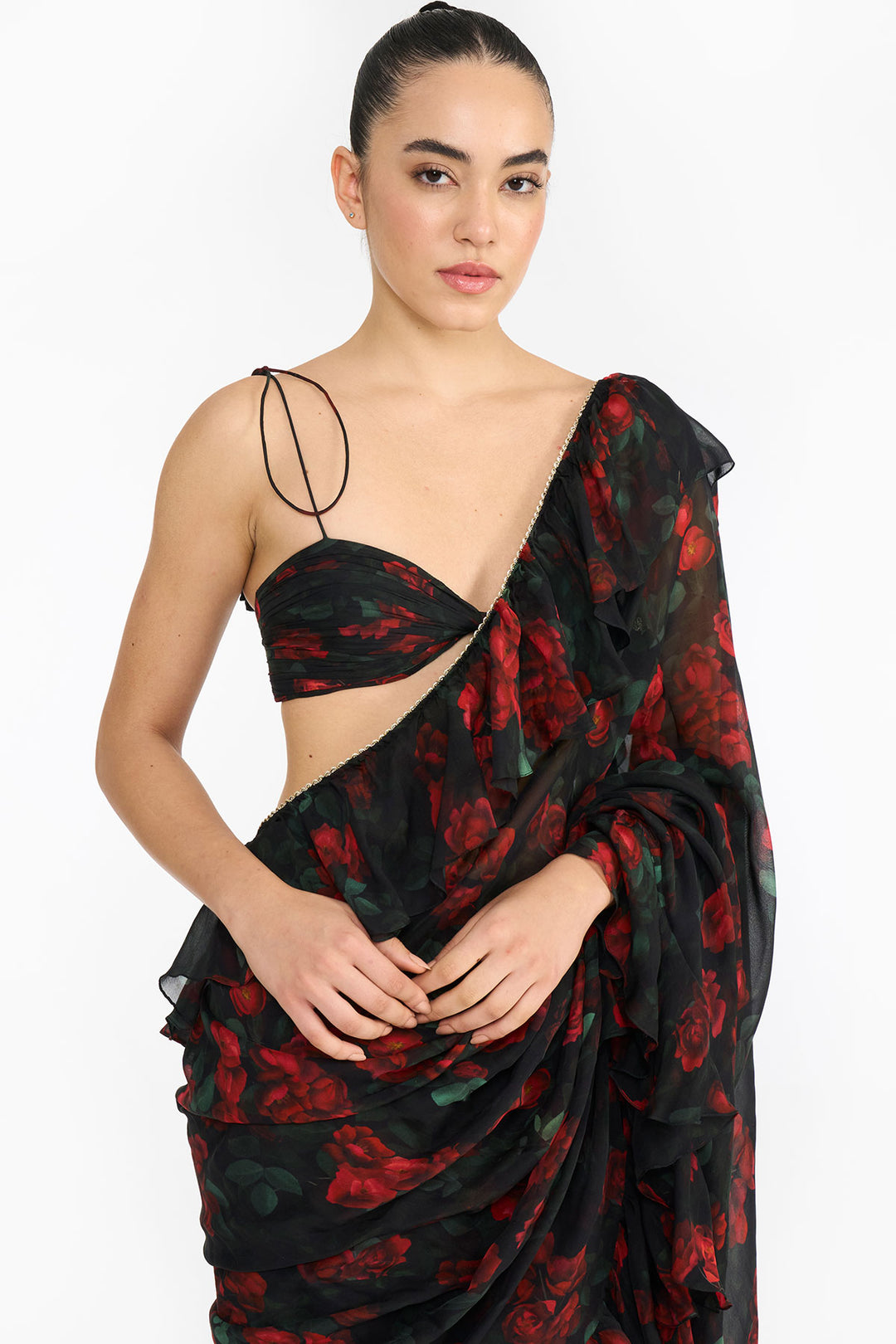 Red Rose Creeper Ruffled Saree