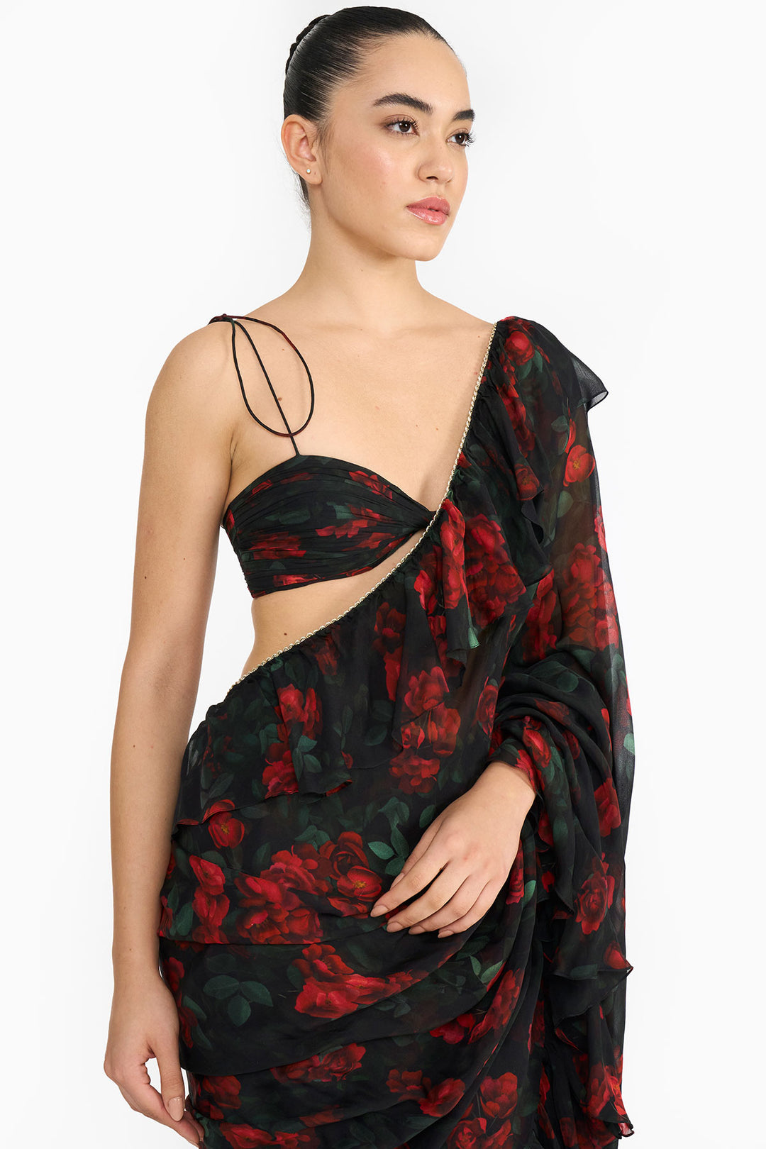Red Rose Creeper Ruffled Saree