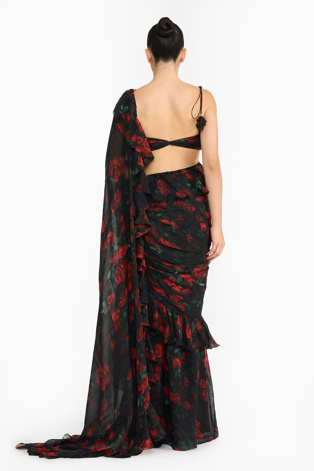 Red Rose Creeper Ruffled Saree