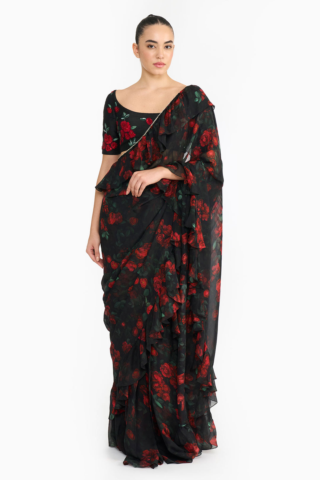 Red Rose Creeper Ruffled Saree