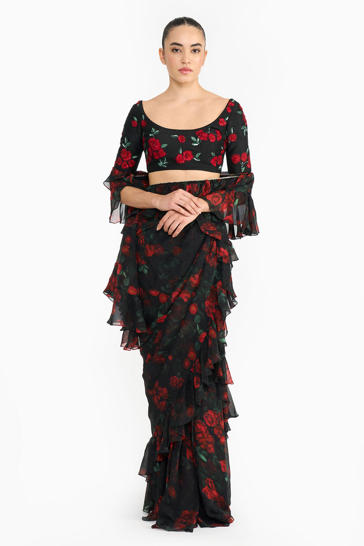 Red Rose Creeper Ruffled Saree