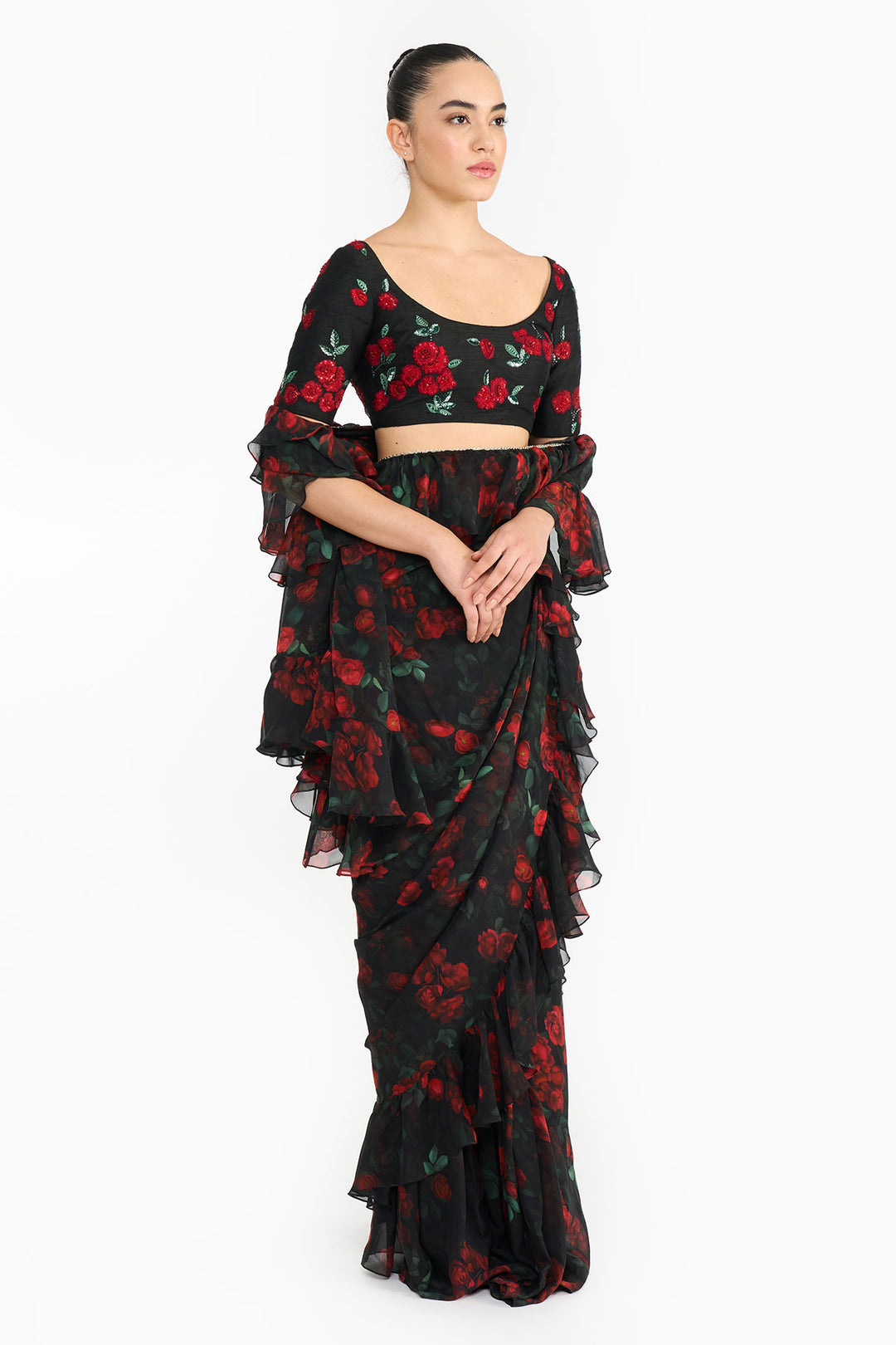 Red Rose Creeper Ruffled Saree
