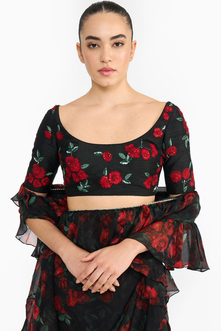 Red Rose Creeper Ruffled Saree