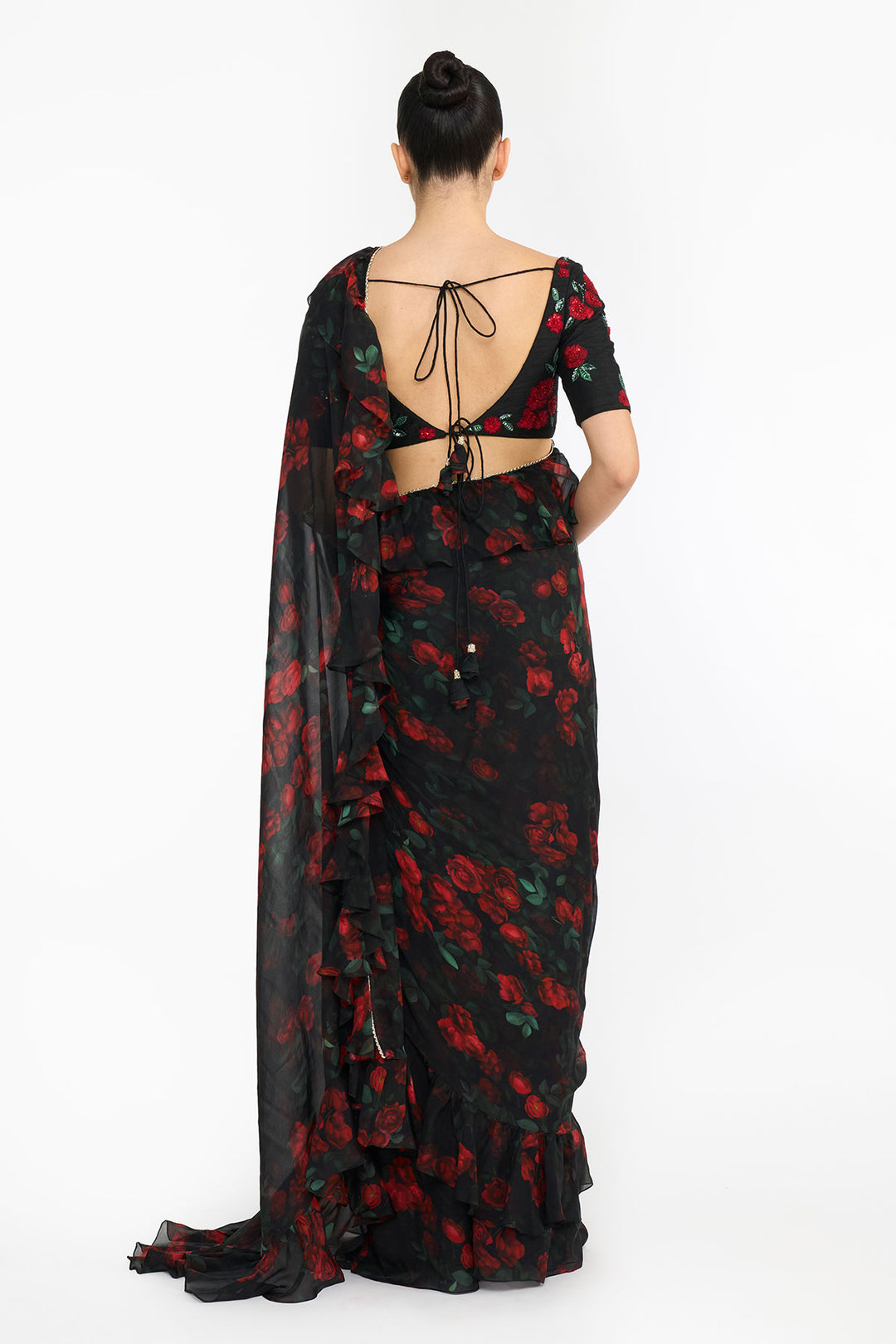 Red Rose Creeper Ruffled Saree