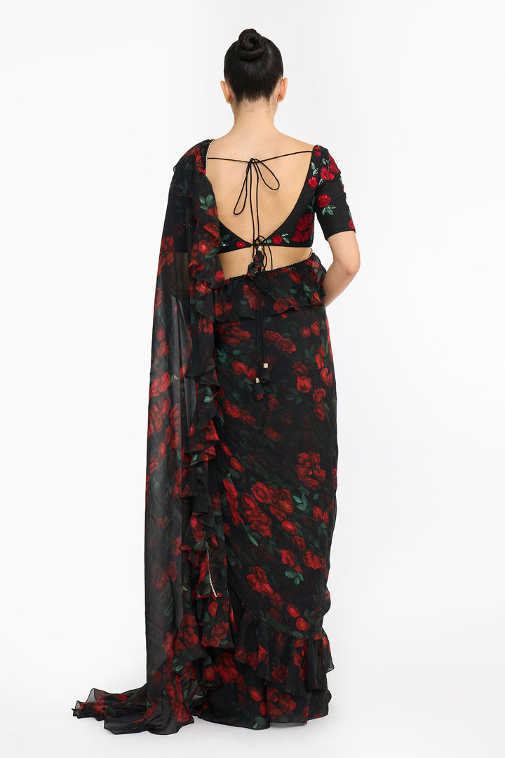 Red Rose Creeper Ruffled Saree