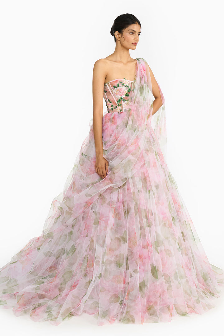 Pink Indian Rose Corset  Lehenga Saree