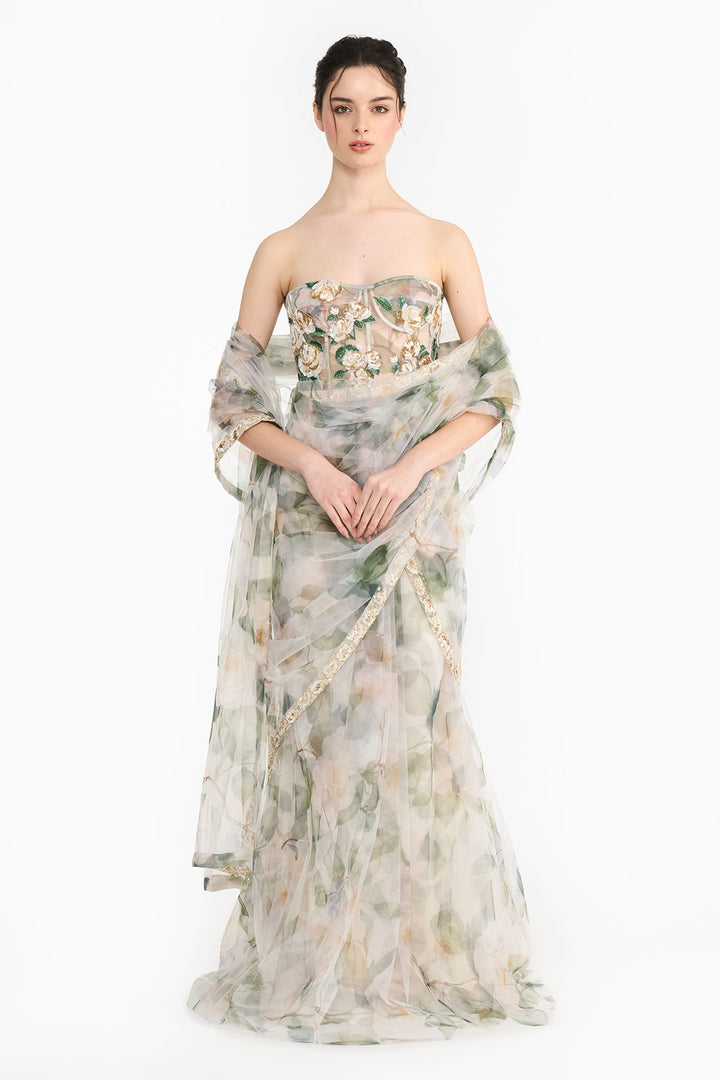 White Indian Rose Corset  Saree