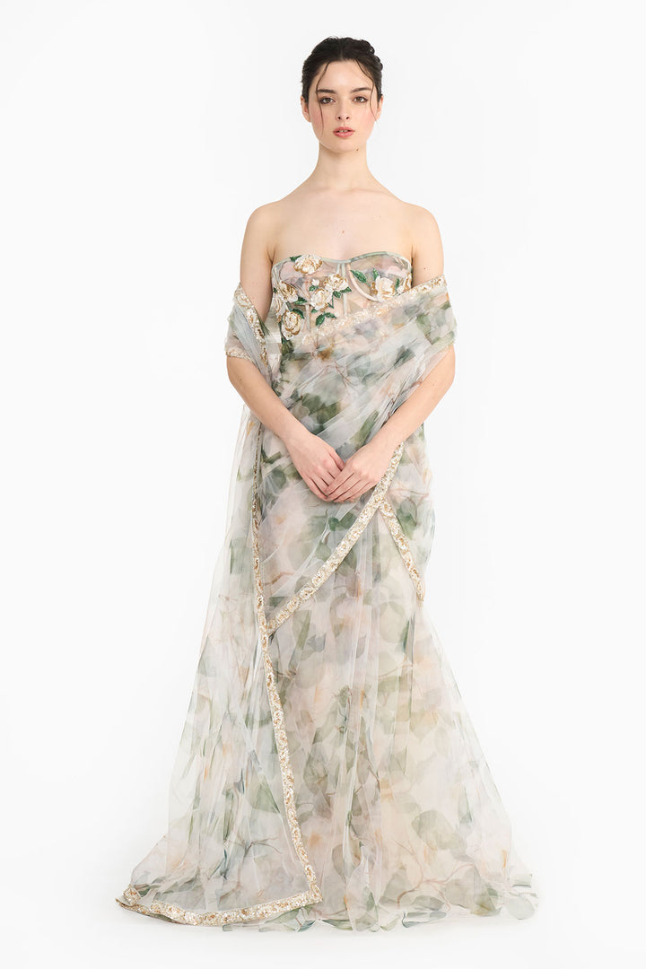 White Indian Rose Corset  Saree