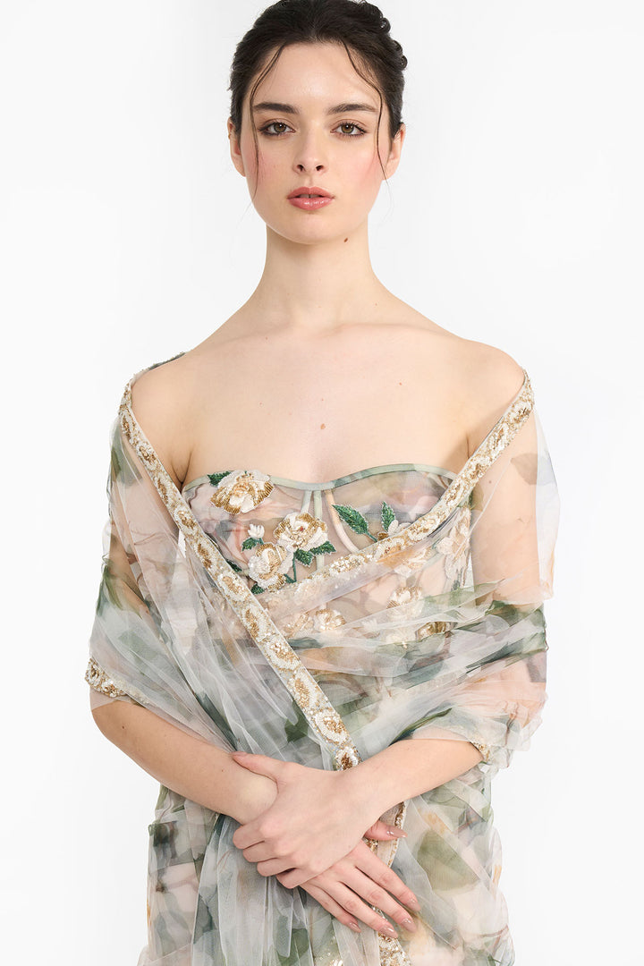 White Indian Rose Corset  Saree