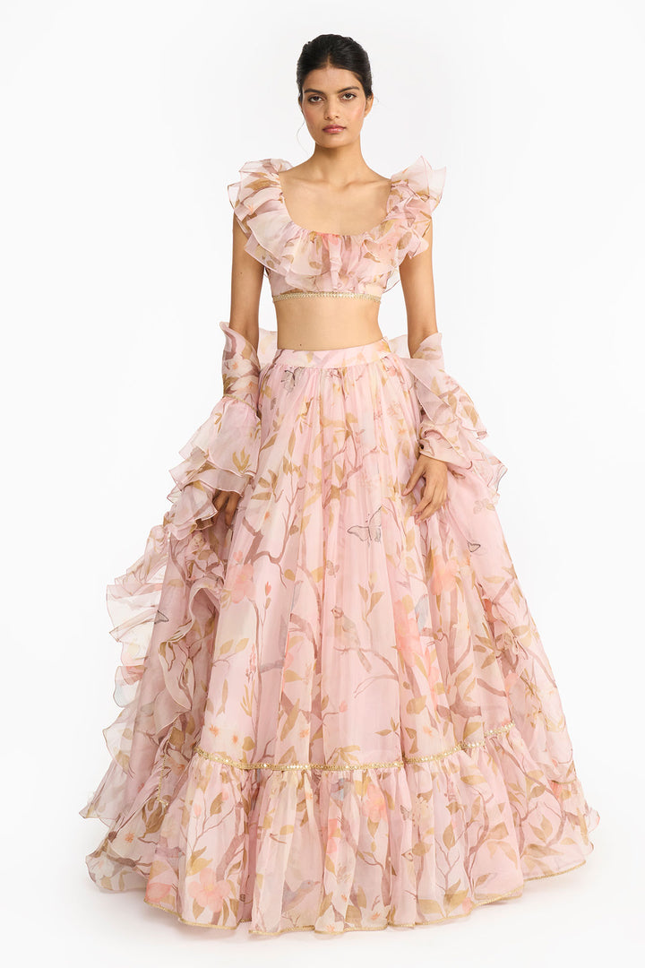 Light Pink Chinoiserie Ruffled Lehenga